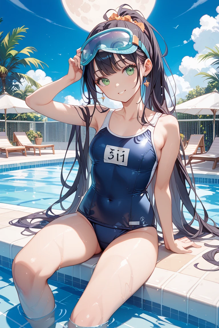 (Highest quality,masterpiece:1.3,Ultra-high resolution),(Very detailed,Caustics,8K),(Realistic:1.4,RAW shooting),A beautiful Korean girl wearing a high school swimsuit,smile,18-year-old,korean hair color、Long Haircut,Looking into the camera,School swimming pool、Poolside waist-up shot,front,Face Focus,Face close-up,(Warm Light),Professional Writing