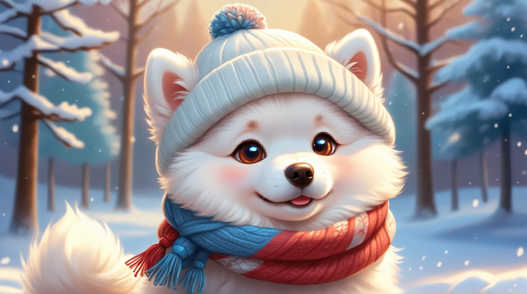 A cute puppy Samoyed wearing a winter hat and scarf, fantasy, cartoon, Disney, pixar, realistic style, concept art,, Style AI Midjourney