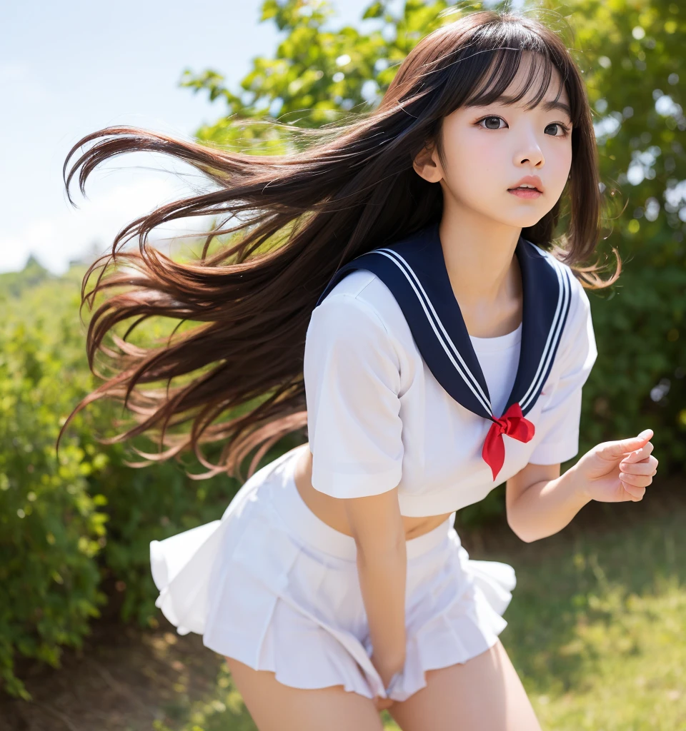 (masterpiece, highest quality:1.4), Award-winning portraits, 8k, 85mm, alone, Beautiful Face, Delicate girl, (Sailor suit、On the grass), Sophisticated, cute, Teen, Looking at the audience, 15 years old, RAW Photos, Confused, High resolution, Sharp focus, Background blur、(((Flat 、thin and delicate body、Childish atmosphere)))、shiny semi-long hair、ponytail、Mole on the left cheek、 Dark blue eyes、High Kick、the skirt is swaying in the wind、Hair swaying in the wind、sexy、Flexible legs、White panties