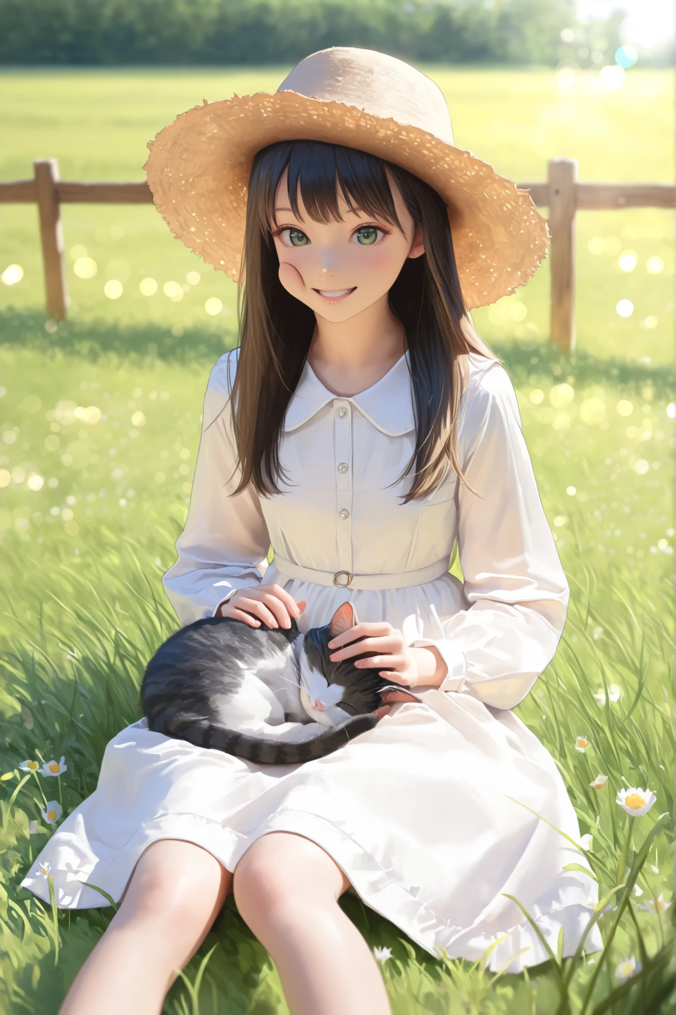 (masterpiece:1.1), (best quality:1.1), (ultra detailed:1.1), (photorealistic:1.0), (a young girl:1.0), (wearing a white dress:1.0), (wearing a straw hat:1.0), (pressing cheek against a cat:1.0), (cat on her lap:1.0), (wide meadow:1.0), (green grass:1.0), (wooden fence:1.0), (sunlight:1.0), (daytime:1.0), (soft lighting:1.1), (bokeh:1.0), (beautiful background:1.0)