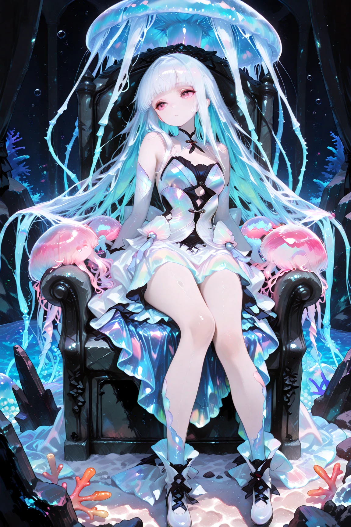 The girl has white hair，The girl wears white stockings on her legs，Girl wearing erotic panties，The four walls of the cell had no windows, The girl can't escape，The girl was in a dimly lit cell，The girl lay on the floor of the cell，The cells are covered with many tentacles and chains，There were boys next to girls in the girls' cell，The boy wears a prisoner's uniform，There was a boy next to the girl，A dragon's tail grows from the girl's ass，The girl did not wear shoes，The girl raised her hands above her head and the back of her head, The girl's hands were locked，The girl showed her armpits，The girl has white liquid under her armpits，The girl was not wearing any clothes，The girl exposes her sexual organs，Girls wear only underwear and bras，white liquid on your face，The girl had a white liquid in her mouth，There is a white liquid on the body。There is a white liquid next to the girl。The girl wears a pink dog collar around her neck，The dog collar is connected with a chain。The girl opened her mouth wide，Sticking out his tongue,Completely bare shoulders and abdomen，The girl gasped。Slim legs，delicated face，The girl has white liquid on her face，Small and delicate feet。The thighs and calves are fully presented in front of me。No shoes on，The girl's collar was tied to an iron chain around her ankle。The collar on the girl's thigh is connected with a chain，Girl in a place full of iron ingots and tentacles，There was a large amount of white liquid on the floor of this cell，There is a lot of white liquid on the girl。There was a tentacle wrapped around the girl's abdomen，There are tentacles wrapped around the girl's body，The girl is surrounded by many tentacles and wrapped around the girl，The girl also had many chains tied around her body。