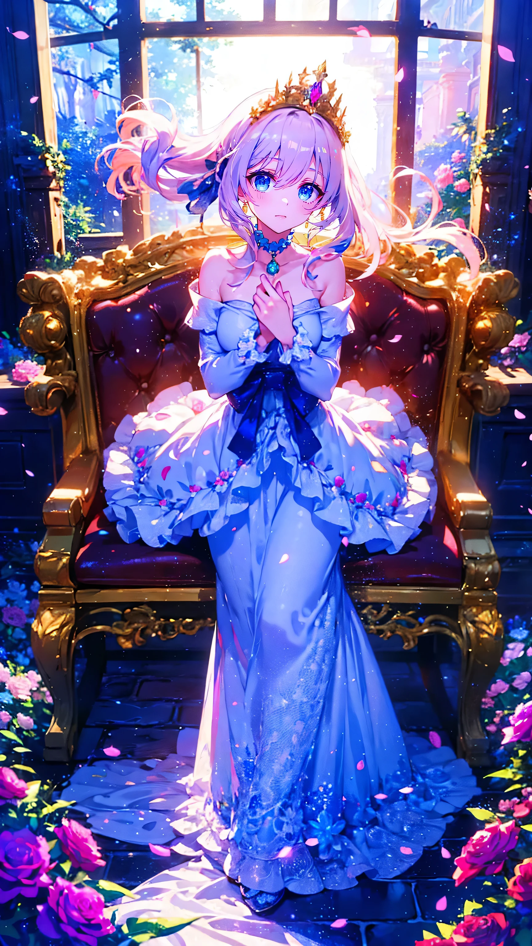  Beautiful young Snow Goddess with flowing blue accents in a long white dress ,  Standing in a Snowy Forest ,  Long flowing white hair dancing around her ,  Sparkling Spiritual Wind Spirit ,  gentle face ,  Beautiful Detailed Eyes ,  lips with beautiful details,  very detailed face, long eyelashes,  calm expression,  Magical Fantastic Art , 4K, 8k,  high resolution, masterpiece,  more details,  is present, photo is present,  vibrant colors,  cinematic lighting,  dramatic shadow , Epic fantasy landscape, Lush Evergreen Trees ,  Snowflake,  volumetric fog,  sparkling magical energy 、(8k,  top quality, Masterpiece : 1.2),  Ultra Fine ,,   Marie Antoinette   ,   more detailsな顔 ,fine grain,   only the entrance to the castle's basement   ,( blonde alone  ),   long hair,   wavy hair standing in front of the garden  , break,Rococo Ruffle Dress, long sleeve dress,  a long skirt dress placed on a wooden boat   ,  Baroque Dress  ,   intricate fantasy dress   , Luxurious and glamorous dress   ,   romantic dress,   Costume with Frills   ,lottery, Data Style,   Formal wear, Fancy Fashion, palate colors include   pink and white,(   pink:1.5),Class A Smile,  Gold Tiara  ,   necklace ,  sit in a luxurious chair,   x}  her hands must be tied behind her back    ,(   rainbow light   :1.4),,  Profile of a person looking out of a window   ,   The window reflects a rose bush   ,(Inside Victoria Palace)、 her eyes are shining 、 now her blonde alone 's hair extends to her waist 、Rose-colored gradation and three, 薄い   pinkのロック. 彼女は花柄の装飾が施された  Gold Tiara  を着用し、 Matching earrings   , white flower choker. 彼女は金色のボタンで縁取られたフリル付きの白いストライプの   pinkのトップを着ている,   The white sleeves are in the shape of a bud    ..  Dress with magenta bows flowing out of her    ..、 Behind her neck   、Matching  piece, Decorated with flowers.    Her ruffle skirt is separated by a white line   ,   a dress with a large magenta ribbon   、Decorated with gold,  has small ribbons on the back  . Her mini skirt、薄い   pinkのマゼンタの貝殻状の裏地と白い花のペチコートでできている. 彼女は   pinkの花がついた白い手袋も着用している, 白と薄い   pinkの靴には、ゆるいカフとDecorated with flowersたマゼンタのリボンがある.
