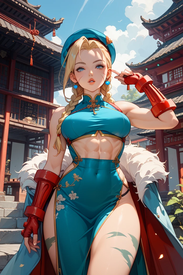 Adult woman, Gray hair in a long braid, golden eyes, sporty figure, Chinese turquoise top, Red Shorts, Tonfa, Tatoo, smirk, Masterpiece, hiquality
