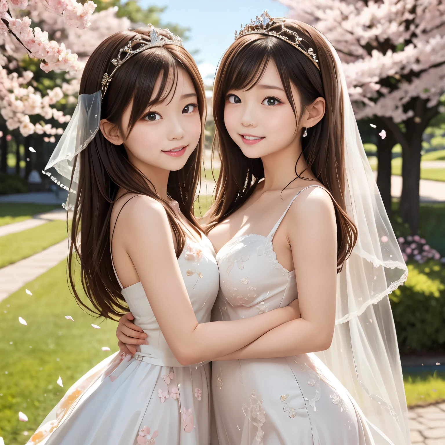 A serene spring scene set in a meadow beneath full-bloom cherry blossom (sakura) trees. Countless delicate pink petals float gently through the air. In the center of the scene, two young Japanese girls stand closely together, embracing with joyful smiles and warm expressions. They are the same age, both petite with well-balanced, slightly curvy figures. One girl has long black twin-tail hair flowing in the breeze, and she wears a classic white wedding dress with lace detailing, a soft transparent veil, and a silver tiara. The other girl has shoulder-length straight brown hair, wearing a pastel pink wedding dress with floral embroidery, a translucent veil, and a delicate tiara. Both dresses are distinct in color and design, gently moving with the spring wind. The image is framed from the thighs up, showing their hug and emotional connection clearly. Cherry blossom petals swirl around them. Natural lighting, soft focus background, high-resolution photorealism, realistic skin texture, flowing fabric detail, cinematic composition.