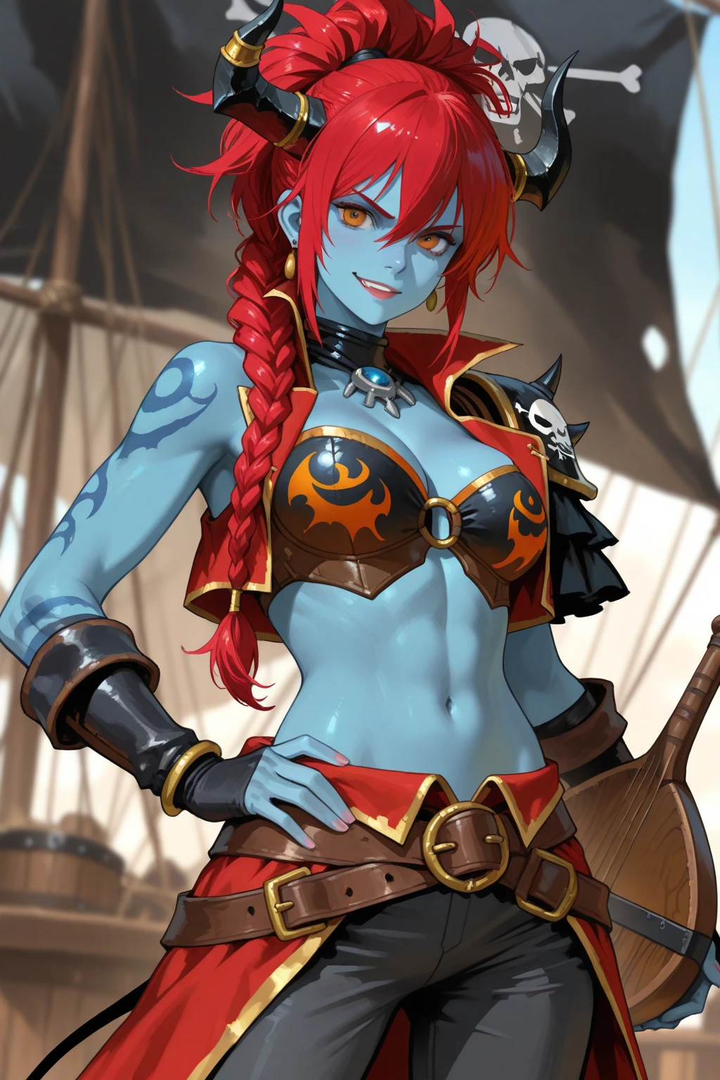 goblin pirate woman, (((goblin pirate woman, delicated pose, detailed face, pale skin, long red hair, goblin))), gorgeous anime goblin pirate, gwen from league of legends, gorgeous sensual pirate outfit, sensual pose, (((red sky background, gorgeous shipyard background)))