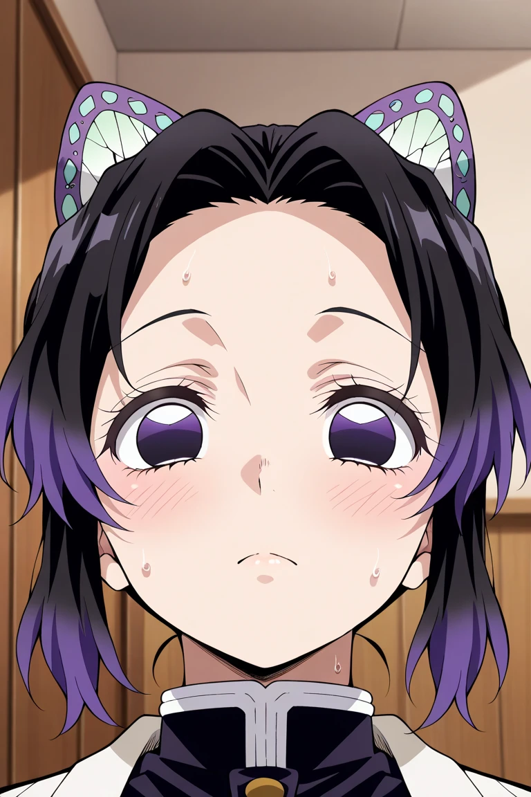 EFT_Shinobu, 1girl, demon slayer uniform, kochou shinobu, butterfly hair ornament, solo, hair ornament, purple hair, multicolored hair, black hair, purple eyes, smile, haori, looking at viewer, japanese clothes, no pupils, gradient hair, empty eyes, short hair, jacket, bangs, parted bangs, black jacket, , room, indoors, blush, open mouth, big mouth, tongue, tongue out, close up, saliva, uvula, uvula, room, mouth focus, excessive saliva, huge mouth, large tongue, long tongue, half eyes closed