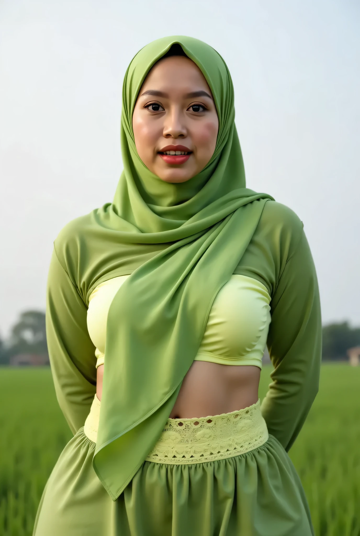 (Shree Sexy yellow Lace Garter Belt yellow), (Fat body) "Facial expression in Happy Tongue Orgasm", (photorealistic:1.6) (Indonesian green Fluorescent hijab and strapless bra), background rice paddy. daytime atmosphere, don't put any rope! flat chest!, duduk di atas kerusi kaca, hands behind back while legs astride, Look from the front you are stupid.
