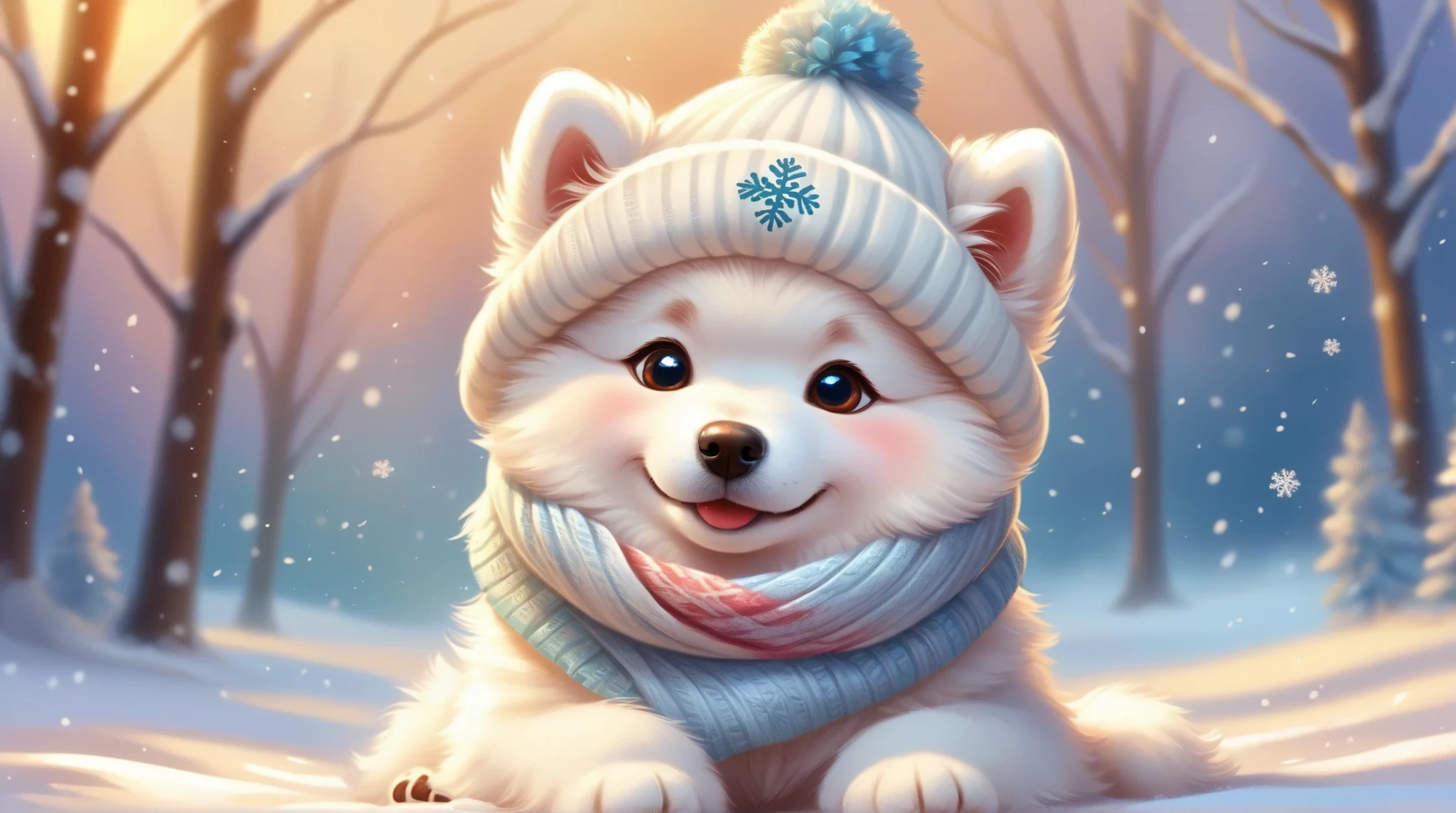 A cute puppy Samoyed wearing a winter hat and scarf, fantasy, cartoon, Disney, pixar, realistic style, concept art,, Style AI Midjourney