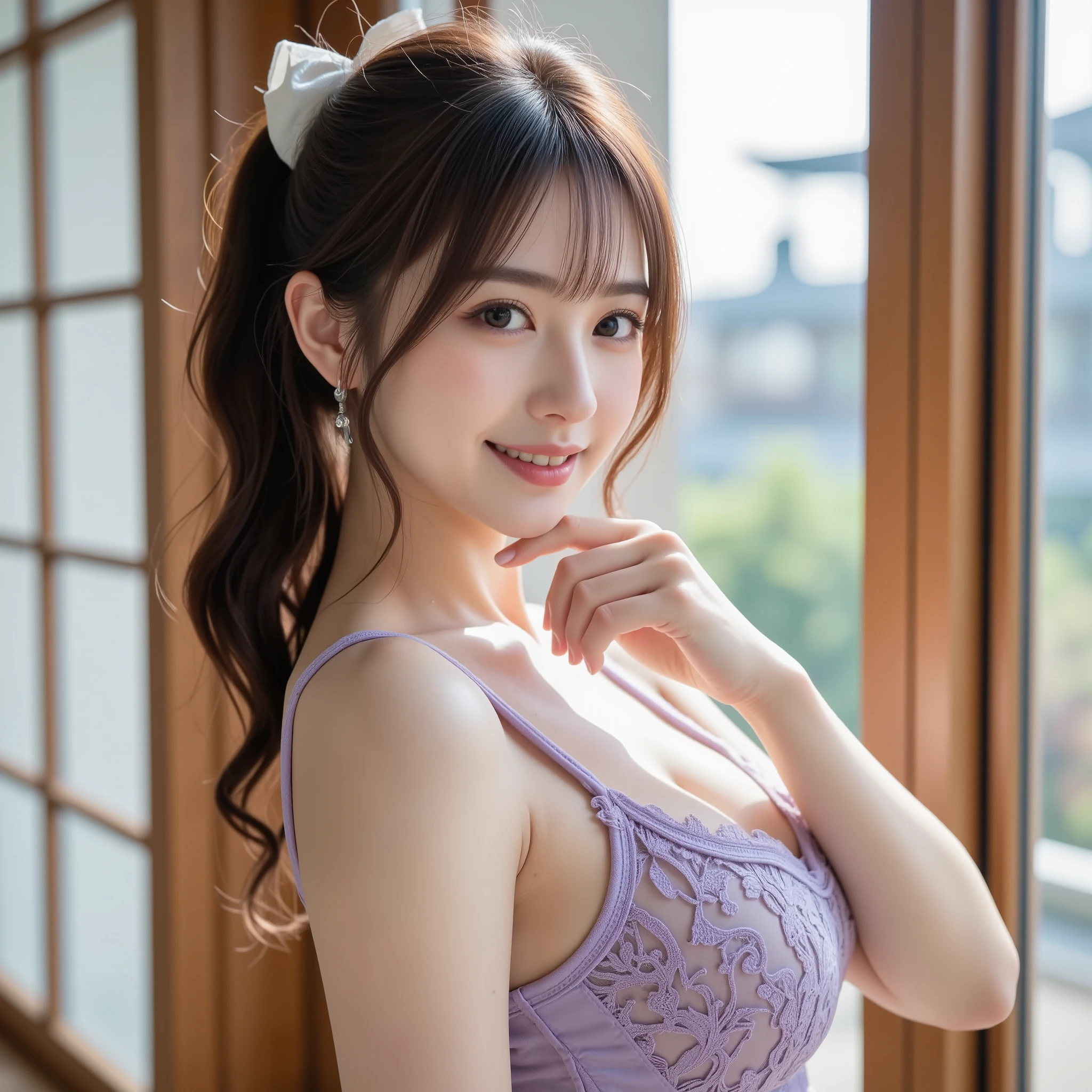 NSFW, (Uncensored), (Top Quality), (Ultra-Precise CG 16K Wallpaper), (Realistic), (High Saturation), (Sharp), Beautiful Detailed Shading, Beautiful Natural Lighting, Beautiful Detail Glow, Natural Light, Depth of Field, Zoom-in, (Mature 24-year-old Woman, One Person), (Beautiful Japanese Face), (Soft Wavy Ponytail Hairstyle with Bangs Down), (Shiny Brown Hair), (Sparkling Eyes), (C-Cup Breasts), (Cleavage), (Beautiful Breasts), (Beautiful Legs), (Beautiful Skin), Beautiful Proportion, (Afternoon Sunlight), (Woman Smiling with Mouth Open: 1.2), (The Woman is Looking at Me), (Woman Wearing a Light Purple See-Through Lace Negligee), (Wearing a White Hair Ribbon), (Pose with Fingers on Chin), (Window Overlooking a Japanese Garden), (Full Screen Image), (Shot of Woman from Head to Waist), (Image of Woman Viewed from the Side), (Woman Standing in Front of a Window),