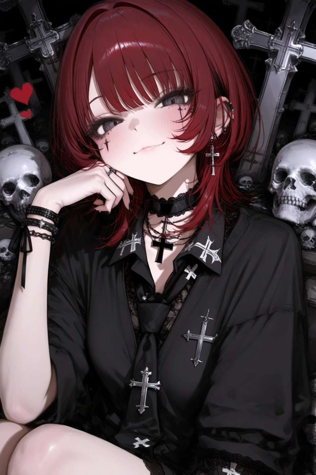 16-year-old punk girl, six heads tall, red hair, black and white outfit, chains, skulls, spooky cute, dark red background, manga style, gothic, edgy, black halo, charming expression, illustration, Halloween vibes, clear outlines, Halloween logos, designed text, stylish poster appearance