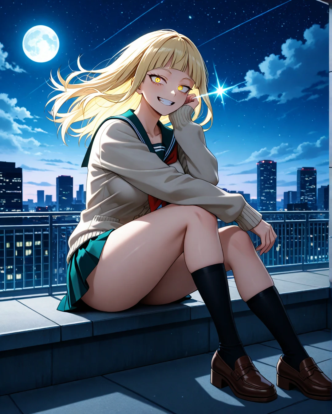 table top,8K,octane, sky sky, performer(sky sky), landscape, starry sky, night, look in camera, (legs without stockings:1.sharp gaze, near sky, Report, outdoor, built, cloud, milky way, city, silhouette, cityscape,(short, Low twin-tailed blonde hair:1.2), (deep blue eyes:1.3, psharp gaze, small smile, (winter school uniform:1.1)