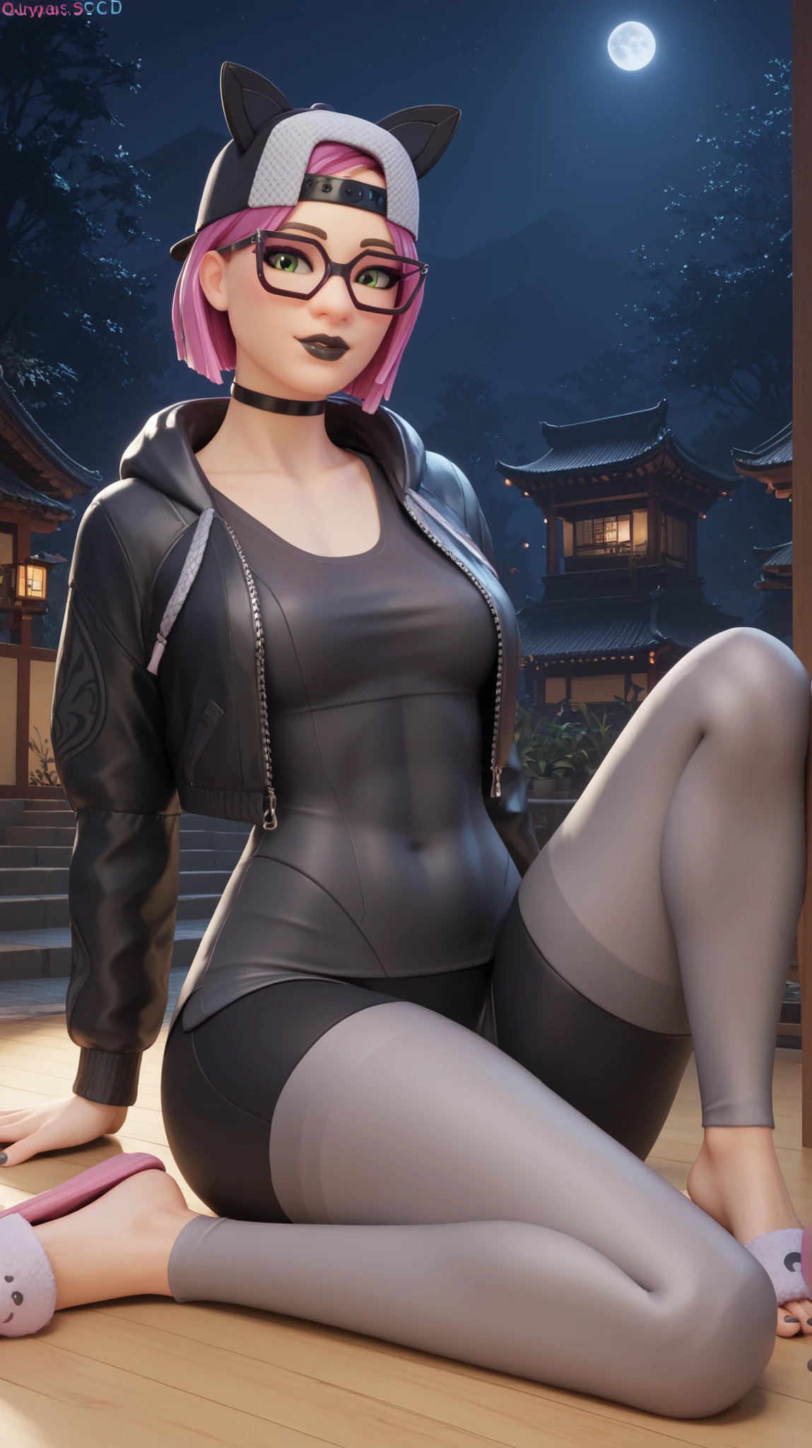 (ultra-realistic, 32k, masterpiece: 1.2), (high detail skin: 1.1), (high quality: 1.1), makeup, mascara,holo punk style, tattoo, punk spikes (light pink oversized pullover) , black leggings:1.1),, (torn clothes:1.1),,(looks at viewer, standing, top:1.1),, huge breasts,(soft dim neon light:1.1), space, space, space background, blurred background, black jumpsuit 