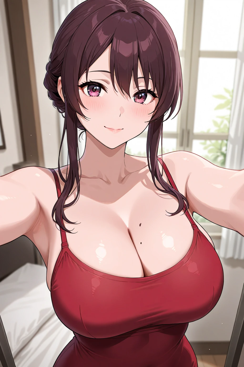 (mature japanese milf:1.1)、Beautiful woman、well-organized body、big sagging breasts、beautiful nipples、(((realistic private parts)))、(((dark pubic hair)))、nsfw、Bedroom、I can see the cleavage、short hair、brown hair、slouch、take off clothes、body is wet、A face that looks comfortable、face is red、Image viewed from below、naked apron、 on body、Cowper、sex with men、sex、love juice、upper body only