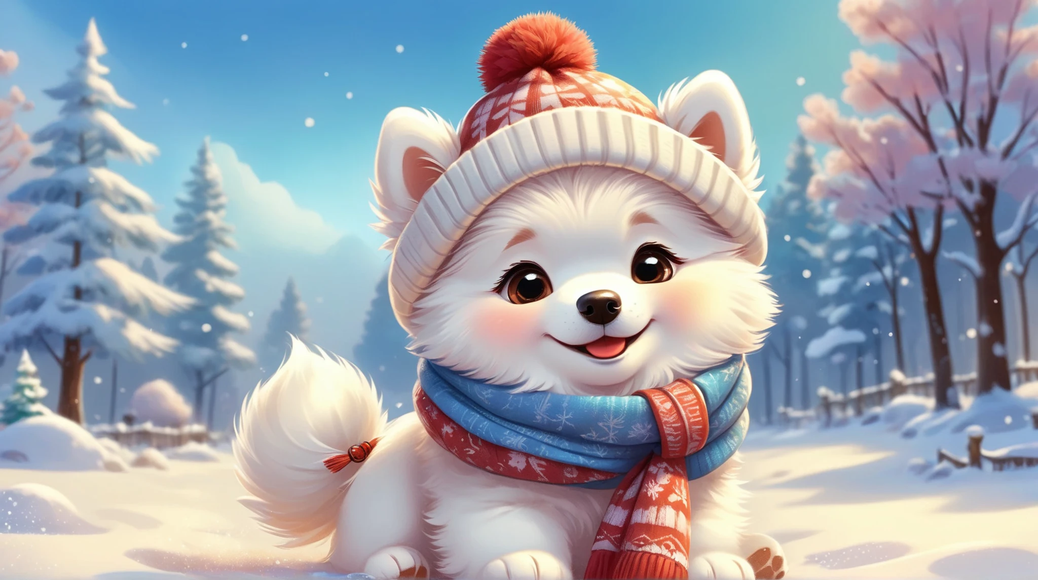 A cute puppy Samoyed wearing a winter hat and scarf, fantasy, cartoon, Disney, pixar, realistic style, concept art,, Style AI Midjourney