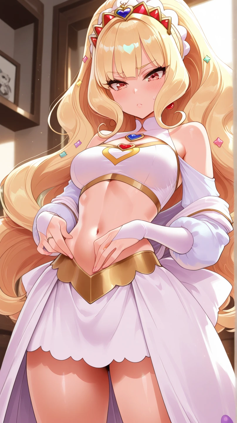 masterpiece,best quality,very detailed,single girl (Sakurai Momoka,slender sexy body,nice big ,wavy hair,long hair,blond,headband,pink flower in hair,green eyes),bright face,light smile,lips parted,nose blushing,blushing,facing audience,showing viewer,head tilted,alone,red cheongsam,see-through,long dress,see-through,sleeveless,black lace knee socks,in living room,standing,seductive sexy waist,closed eyes,tears in eyes,mouth open,saliva residue,wet skirt hem,sticky panties,bulge in vibrator cord,vibrator with garters,pussy visible,vaginal opening visible,vagina visible,vagina visible