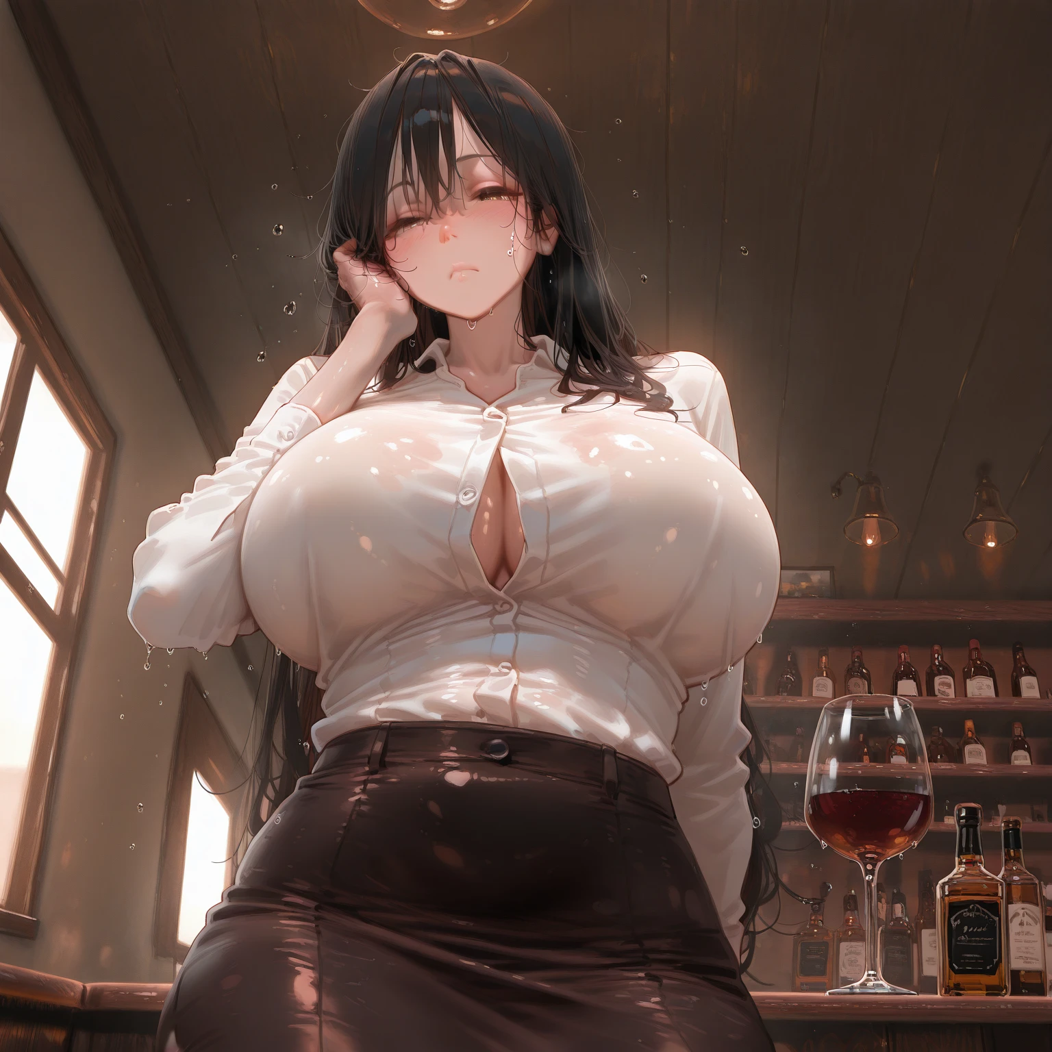 (best quality, 4K, high resolution, masterpiece:1.2, Extremely detailed),Large Breasts,30 years old girl,独奏,black hair,long hair,blue eyes,sad,tears,(drunk,blush),sitting,drinking,((Mature sexy body)),Black stockings,Black tight skirt, Mature sexy body,holding mug,counter,pub,