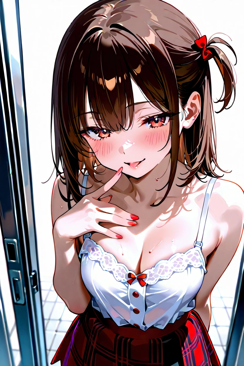 (Best quality:1.3), brown ponytail, large breasts, cleavage, Pink nurse outfit, smiling, (pov, close shot), sitting