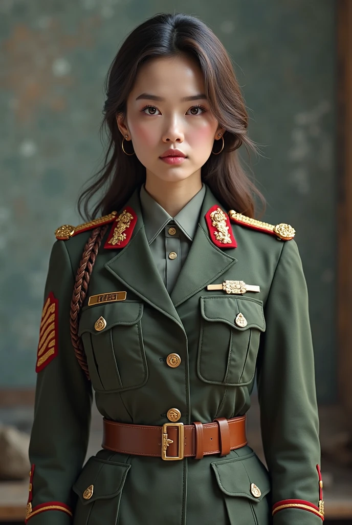 Highest image quality, outstanding details, ultra-high resolution, (realism: 1.4), ((close up:0.55)), the best illustration, favor details, highly condensed 1lady, 40 years old, with beautiful and a delicate face, perfect proportion, (straight standing, chubby:0.4), ((short-hair, updo-style)), (salute, straight standing, chubby:0.2), (wearing manner military uniform and military hat), captain, background simple grey wall,
