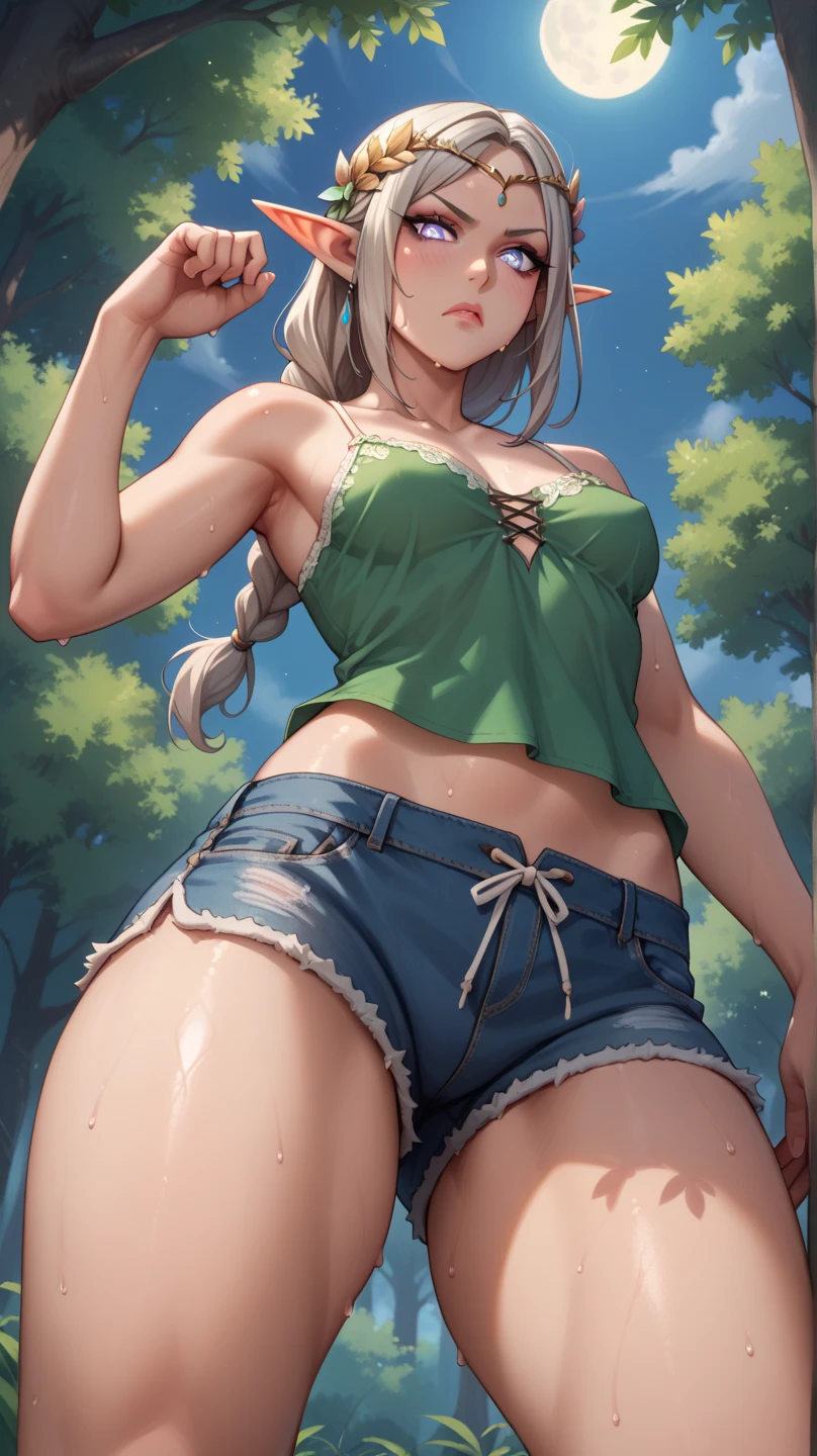 cowboy shot,1 female,The perfect 25 years old,((ideal ratio body proportions,small head:1.7)),tan skin,((high quality anime, 8k,masterpiece,Perfect Anatomy)),(beautiful detailed face and eyes,gorgeous eye:1.3,Almond Eyes),brown eyes, BREAK ,(silver hair),Straight long hair,bangs, BREAK ,blush,sad,medium breasts,slender body,skinny,wet, BREAK ,(Raindrops、beige mini skirt,A plain off-white cotton shirt、navel)、Simple leather boots、 BREAK ,Walking along mountain paths、Lush trees、heavy rain、raasy World、