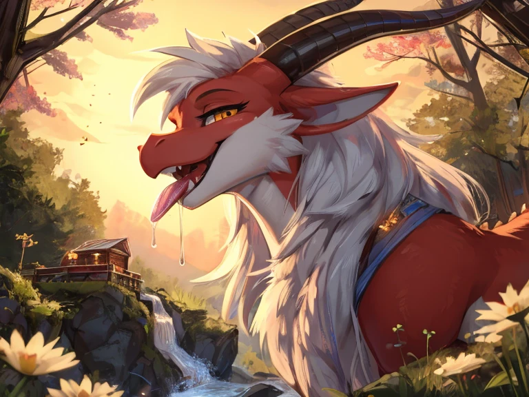 ultra-detailed, masterpiece, masterwork, high quality, best quality, hdr, (nature, night, waterfall), posted on e621, (by hioshiru), nsfw, male, solo, (red little body minotaur), hairy dragon, (nude, white chubby body), (long silver hair, yellow eyes), sitting, dynamic angle, ((micropenis, foreskin, perfect balls))