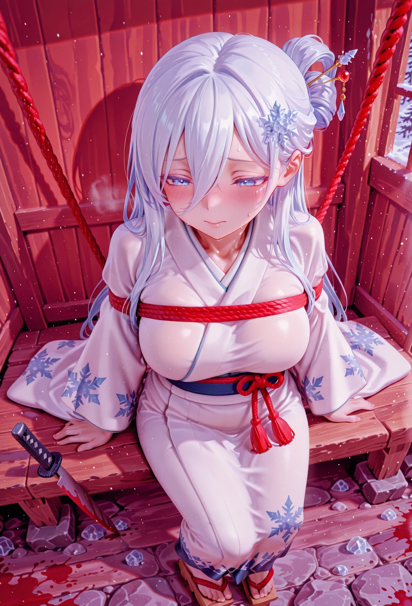 (photorealistic:1.8, highest quality:1.8,8K masterpiece:1.8,High resolution,muste piece:1.8,RAW Photos,cinematic lighting,red and purple dream colors),one young woman、(Pasties、Completely naked、choker、knee high tights、loafer shoes),(beautiful detailed blue eyes:1.7,double eyelid:1.6,Beautiful skin with glowing details:1.2,small face、whole body), 
(from below:1.5,Looking at Viewer:1.5),( midium Hair:1.2、Beautiful shining blue and white hair:1.5), expression(Gentle Smile、face turns red:1.3),(Moderate chest:1.3), 
Pause(Tied to a cherry tree with a rope,red rope、breast bondage:1.5), 
background(Bright forest with blooming flowers),(detailed perfect face),anatomically correct,correct move:1.5,correct foot:1.5,4 fingers and 1 thumb in correct proportions,(cameltoe),No split screen,slender abs:1.2,(Young sensual gravure idol)