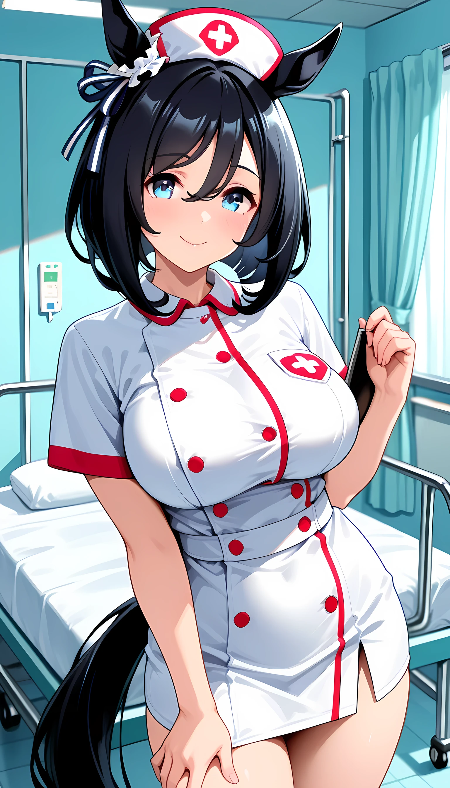 ((top quality, masterpiece, high res)), one girl, eishin flash\(umamusume\),  nurse, nurse, Hospital room, Smile Yan, miniskirt,  Valley