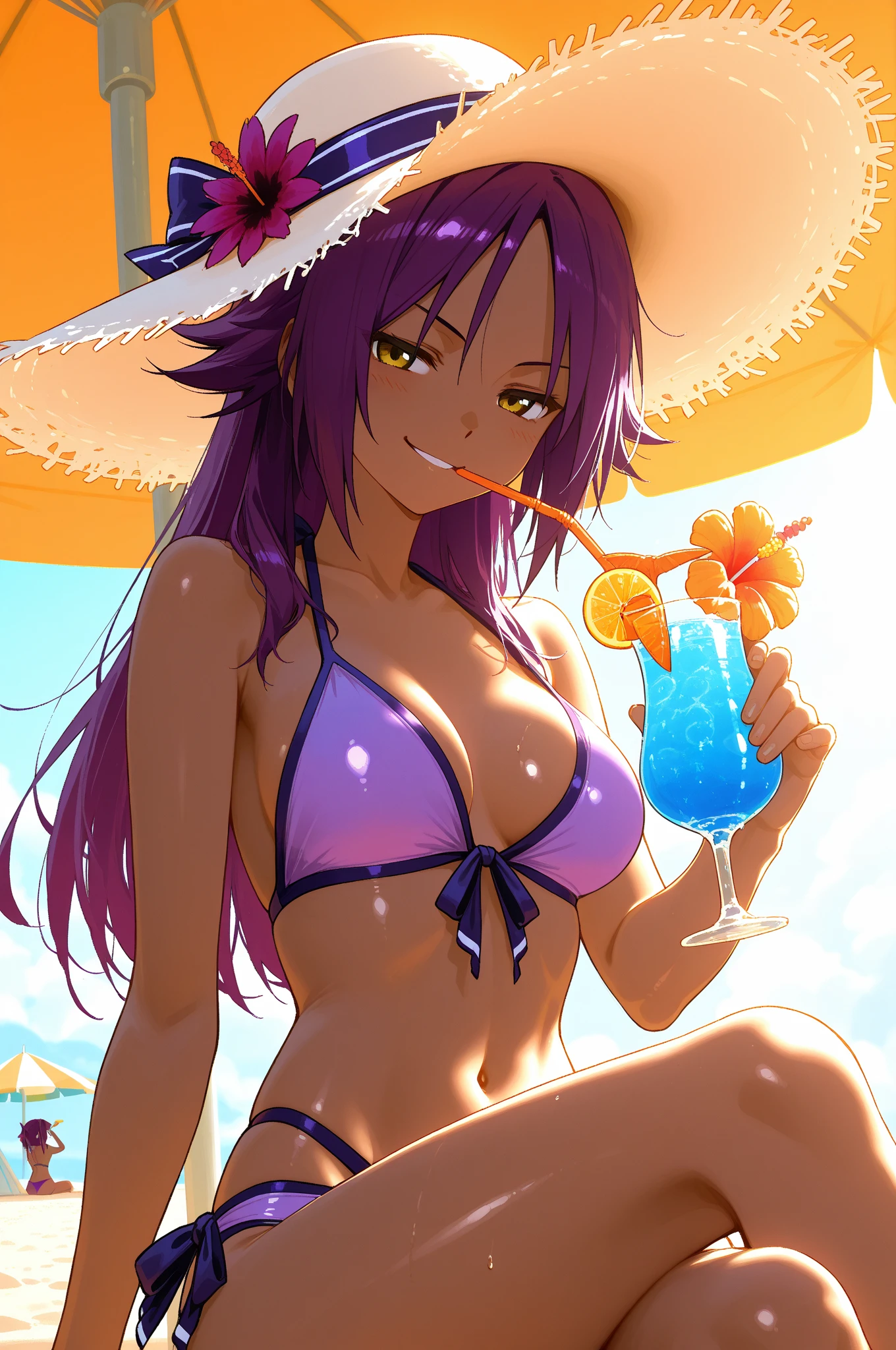 {{tmasterpiece}},illustratio,best qualtiy,the Extremely Detailed CG Unity 8K Wallpapers,1 girl,On the beach, on the beach, there are fruits and drinks on the table,Purple hair, Edit and distribute, swimsuit,Sunshine, smile,,Bikini,A blouse,