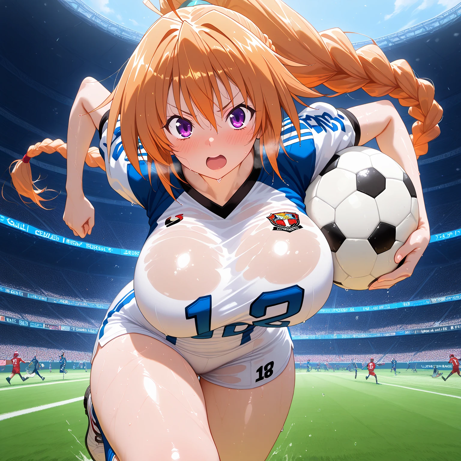ingrid,large breasts,cleavage,erected nipples,underboob,mature female, (dark-skinned female:1.2), dark skin, determined, pink red hair, ponytail,very long hair, hair intakes, makeup, lipstick, (mole under mouth:0.8), eyelashes, yellow eyes,looking at viewer,(highres, high quality:1.1), intricate details, cinematic lighting,get sweaty ,sweaty skin, (wet gleaming skin:1.1),spread legs, (cheerleader, crop top, ultra miniskirt, bare shoulders, standing,holding pom pom), outdoors, stadium, sunlight, bright sky, blue sky with clouds, winds, god rays, light rays, ,(red blush,embarrassed),show off pussy,(no panties:1.2),(metal dog collar,tag:1.2),from below,detailed legs, flexible, dynamic pose