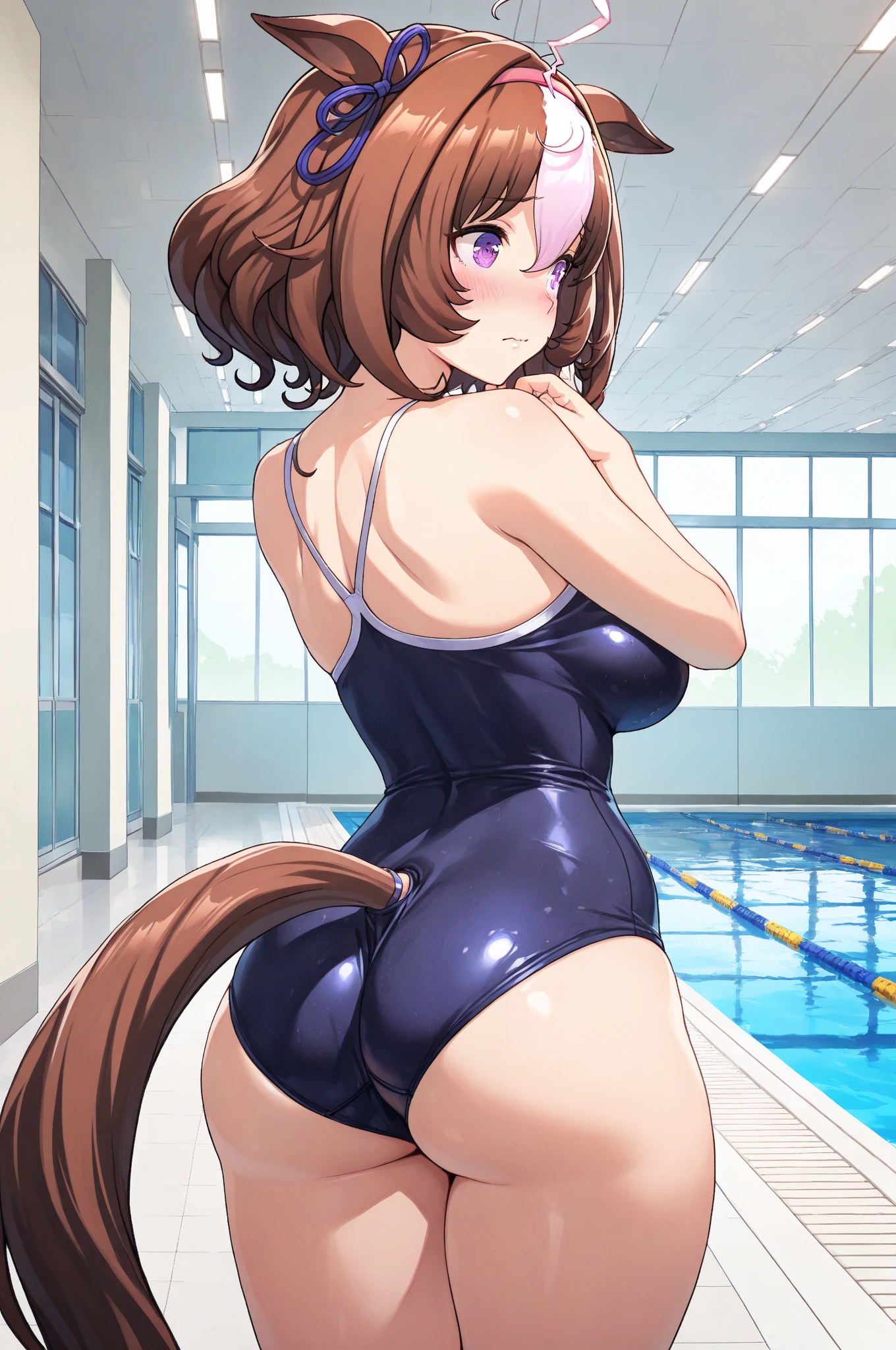 best quality,best resolution,(young :1.5),cat girl,mini girl,brown long hair,golden fur,school swimsuit,beautiful swimming pool,sun beam,smile,two eyes closed,open mouth,round glasses,round collar,water splash,very hot,
