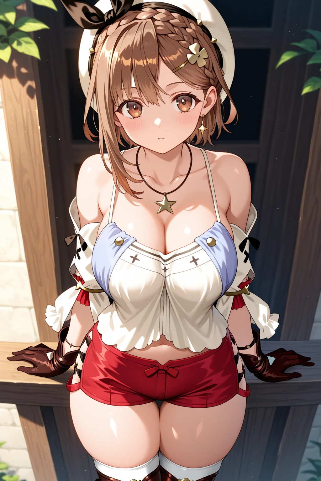 masterpiece,hentai anime character, I'm straddling a man's crotch, Ryza having intense cowgirl sex, (((Aggressive vaginal sex: 1.2))), favorite,Bounce and shake wildly,, 32K,Super detailed,Ultra-detailed,Big Breasts, Vibrant breasts, Short brown hair, shirt, Shorts, Red shorts, White Beret, Black knee socks, Ryza outfit, loungewear, {{A biological weapon that preyed on the sleeping Ryza and transformed into her appearance, Big  bouncing}}, Shake violently, Overall view, Town, NSFW