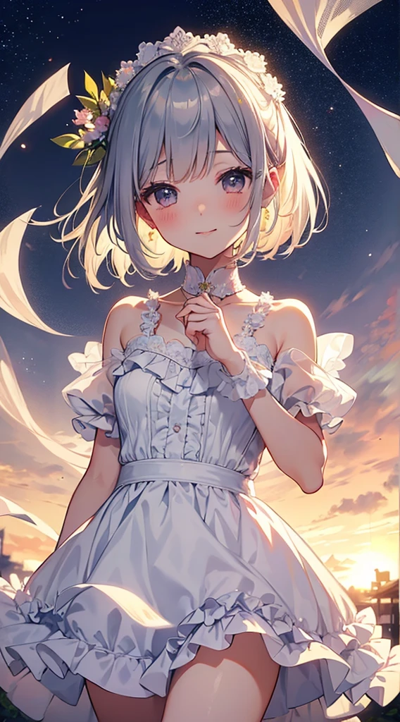 (absurdres),(masterpiece), (best quality), (ultra detailed), (highres), (illustration:1.4), (detailed face:1.3), (highlights in eyes:1.3)(detailed hair:1.3), (detailed skin:1.3),photorealistic, realistic,BREAK 1girl,15yo,kawaii,(short hair, bob cut, silver hair,pink inner hair,beautiful detailed hair ),(blue eyes),faint lips,happy smile,medium breasts,BREAK ,summer,outdoors,(floral print dress),, potbelly,cowboy shot,wind,clear sky,sunset,starry light,from above, (holding bouquet),dynamic angle,