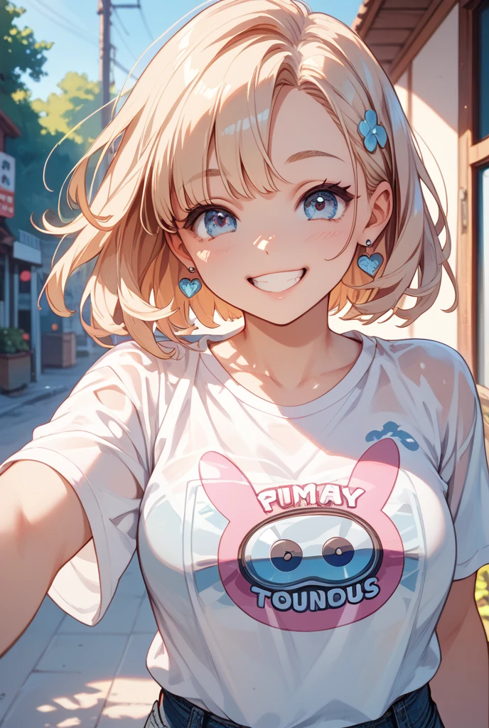 sex friend,((blowjob pose、Close one eye, tilt your head up, open your mouth and stick out your long tongue))、Very beautiful Japanese women、Plump high school girl、(((Wearing a small, thin, plain tank top)))、Nice style、((Big Breasts、Rocket-shaped、The areola is long and pointed))、ponytail、Detailed depiction of a long tongue、Detailed depiction of fingers gripping peniaximum number of pixels、Ultra-realistic photorealistic image quality、((Excited and happy expression、Close-up of face))、((Biologically correct structure5Finger))、((The lower body is only panties))