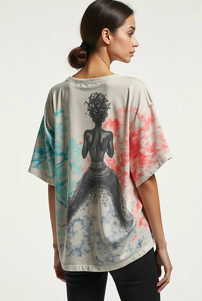 masterpiece photo of a woman from the back, who creates fluid art artwork using pouring paints (teal colors) on a canvas on a table, detailed sharp focus