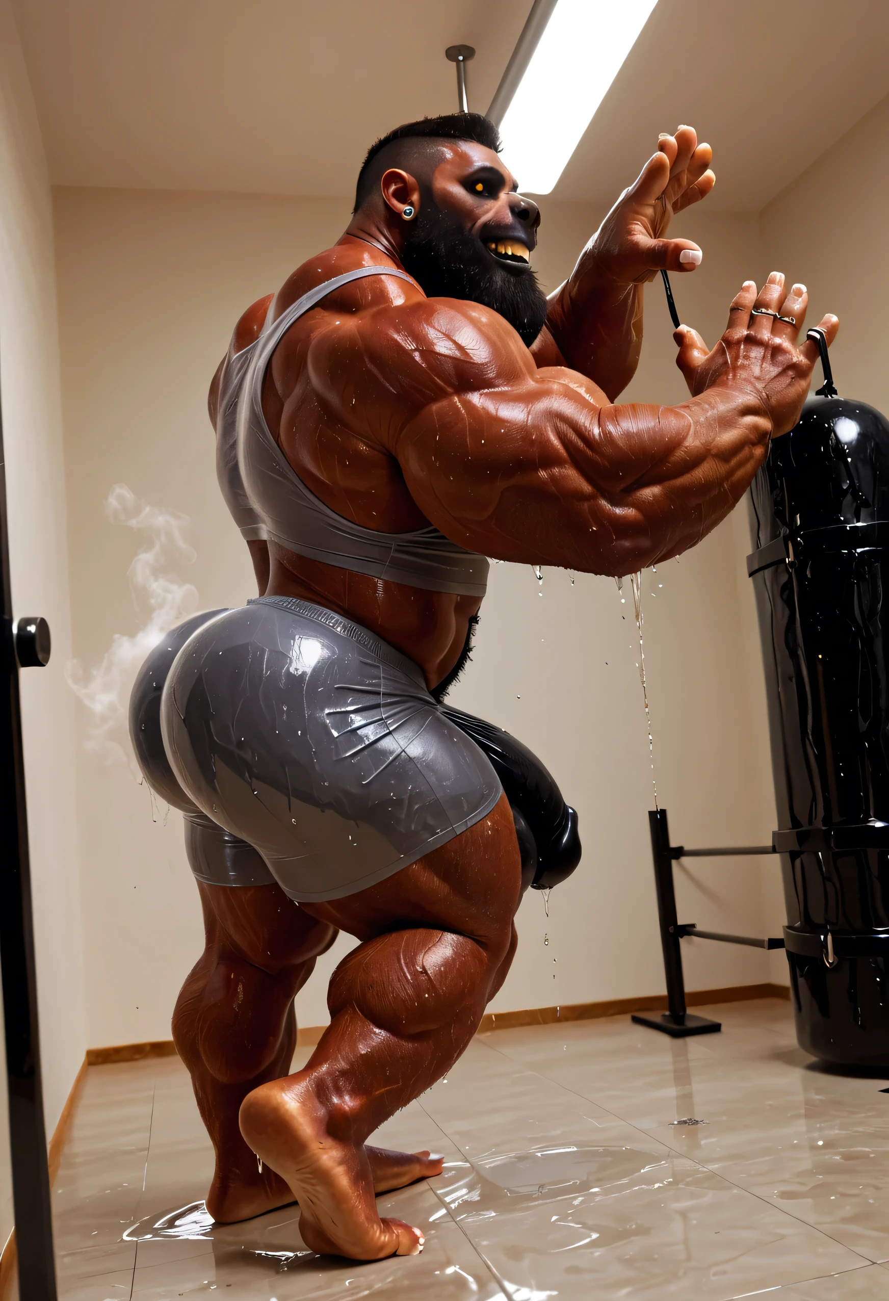 (best quality, 4k, 8k, high resolution, masterpiece:1.39), ultra detallado, (photorealistic rendering, focus on football gear:1.4), portrait, profesional, vivid colors, (warm color tone:0.9), (a big horse, quarterback, solo, afroamerican, Ebony, thug, dark skin, full view:1.3), (inside a changing room, removing clothes, after football practice, looking tired, standing, side view:1.25), face with strong and defined features, (big muscles, buff, beefy, sweaty, body hair:1.41), focus on back muscles, wide body, full body portrait, whole body visible, (hyper ?????????, saggy balls, visible equine ?????, soft penis, flaccid, equine ?????????:1.24), cresty neck, oversized trapezius, (oversized hooves, powerful hooves, thick hindshanks, big horse legs:1.05), red jersey, wet jersey, taking off jersey, discarded football protection gear on a bench