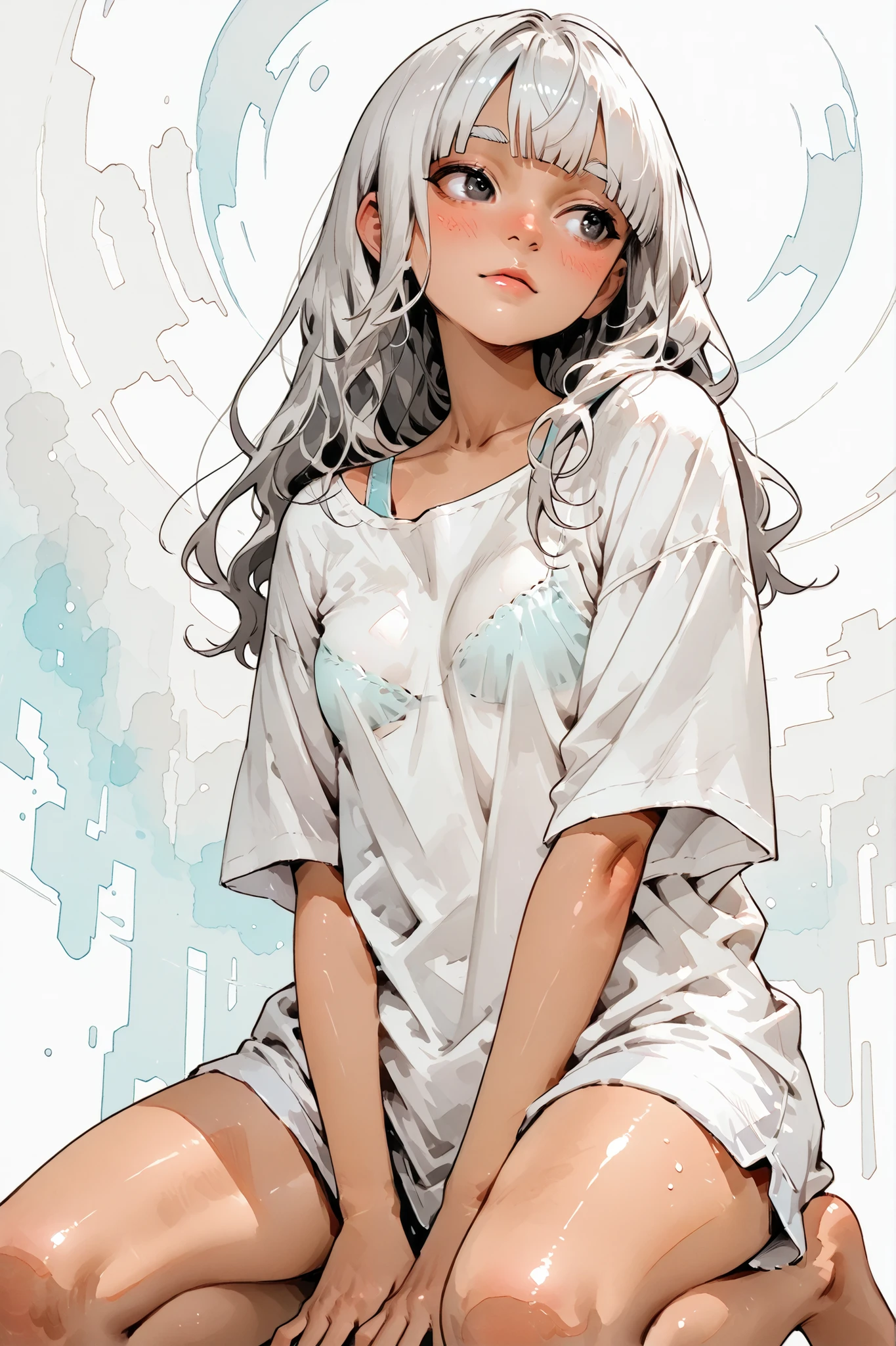 
1girl,Super Detailed,absolute resolution,(dynamic angles),(tanned skin:0.5),Japanese girl,(portrait),(pinup),(from below:1.3),
kneeling,hands between legs,[[head tilt]],[[looking away]],
(plain white oversized T-shirt:1.5),,(untucked T-shirt:1.3),(((clavicle))),(bra strap),skyblue  board shorts,barefoot,
detailed and beautiful face and eyes,dark gray eyes,,(Freckles:0.7),(Thick lips:0.3),[chapped lips],Thick eyebrows,(round nose:0.5), 
small breasts,white hair,long hair,blunt bangs,hair over both eyes,(messy hair:0.7), 
(blush:0.8),(nose blush:0.8),,(parted lips:0.6),(watercolor Background),(Watercolor anime:0.5),


