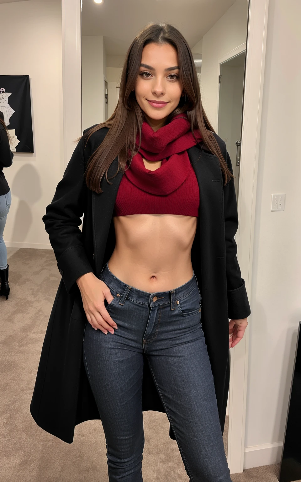 ((melhor qualidade, 8k, obra-prima: 1.3)), clear: 1.2, beleza corporal perfeita: 1.4, abdomen esbelto: 1.2, (seios grandes: 1.2), texturas faciais e da pele altamente detalhadas, olhos detalhados, double eyelid, cabelos castanhos longo, bra on breats, Focus on the floor,Canon,(black skirt :1.4), (coat : 1.4),Mikayla Demaiter