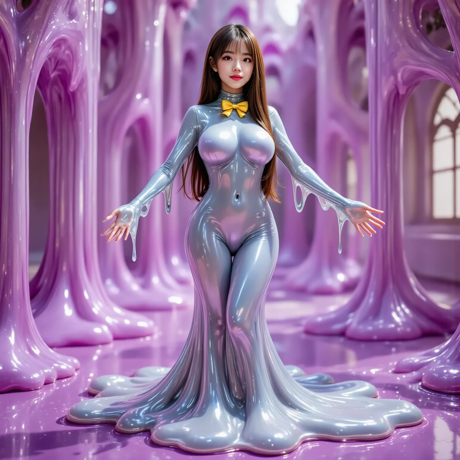 (masterpiece, best quality:1.2), 1 beautiful japanese cute girl, solo(masterpiece, best quality:1.2)，shiny_astride，iridescent ，long hair,smile,barefoot,lace bodysuit, shiny leggings, blush,breasts,cleavage,crossed legs,large breasts,leg tattoo,lips,lipstick mark,long hair,smile,toenail polish,toenails,) sitting,couch