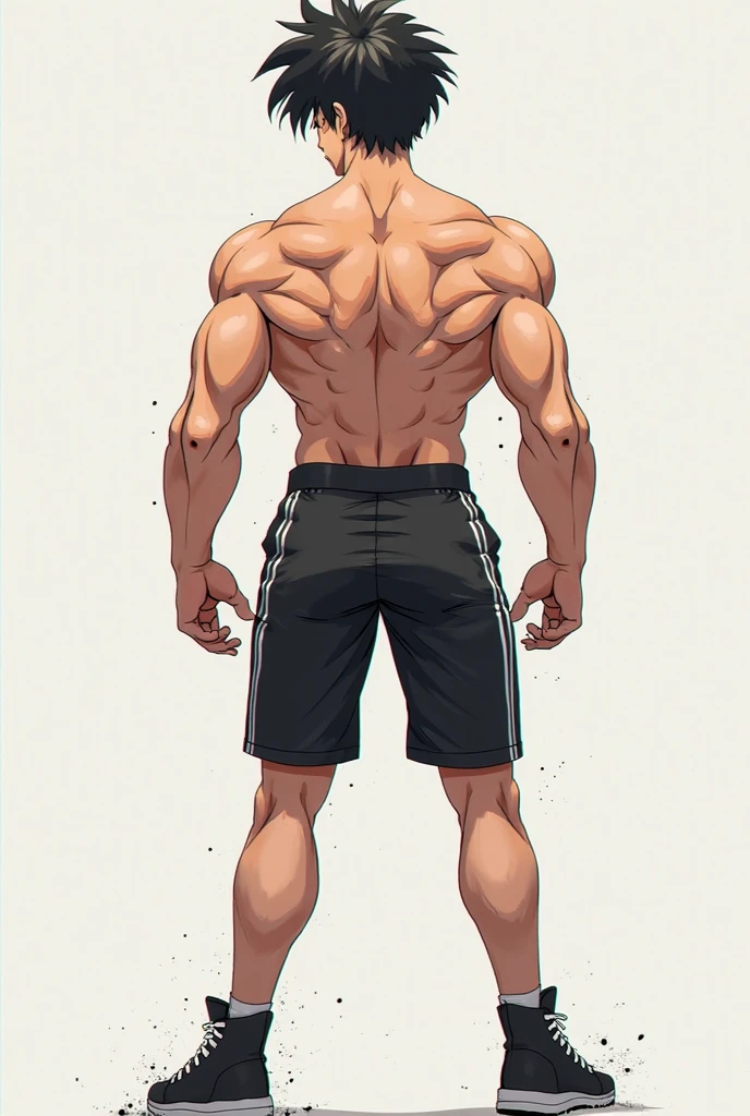 Mascular male, mascular physique , anime male , anime style 3 side reference sheet, male , shirtless , back and front side are clear 