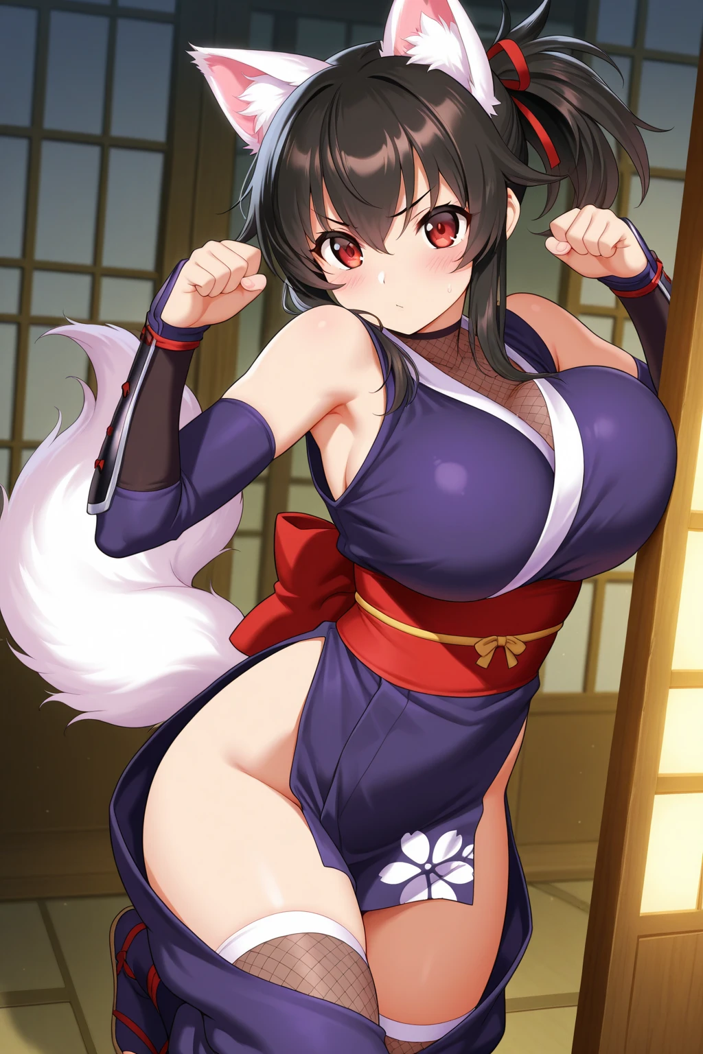 masterpiece, best quality, beautiful art, high resolution, well formed hands, body and fingers, 1 woman, solo, Lin Xiao Mei, grown up,  cat ears and cat tail, cosplaying as Mai Shiranui , mai_shiranui_cosplay, adult, large and round breasted, cleavage full body,  hair ribbon, gorgeous legs and, thighs, sexy Japanese clothes, hair ornament , sexy legs , hips and thighs, fighting in a combat match, showing her fighting skills, making her guard, about to hit the viewer, looking at the viewer,   sweating, bouncing breasts, smiling joyfully and brightly, being confident and proud, action and fighting scene, fighting cage on beach environment    
