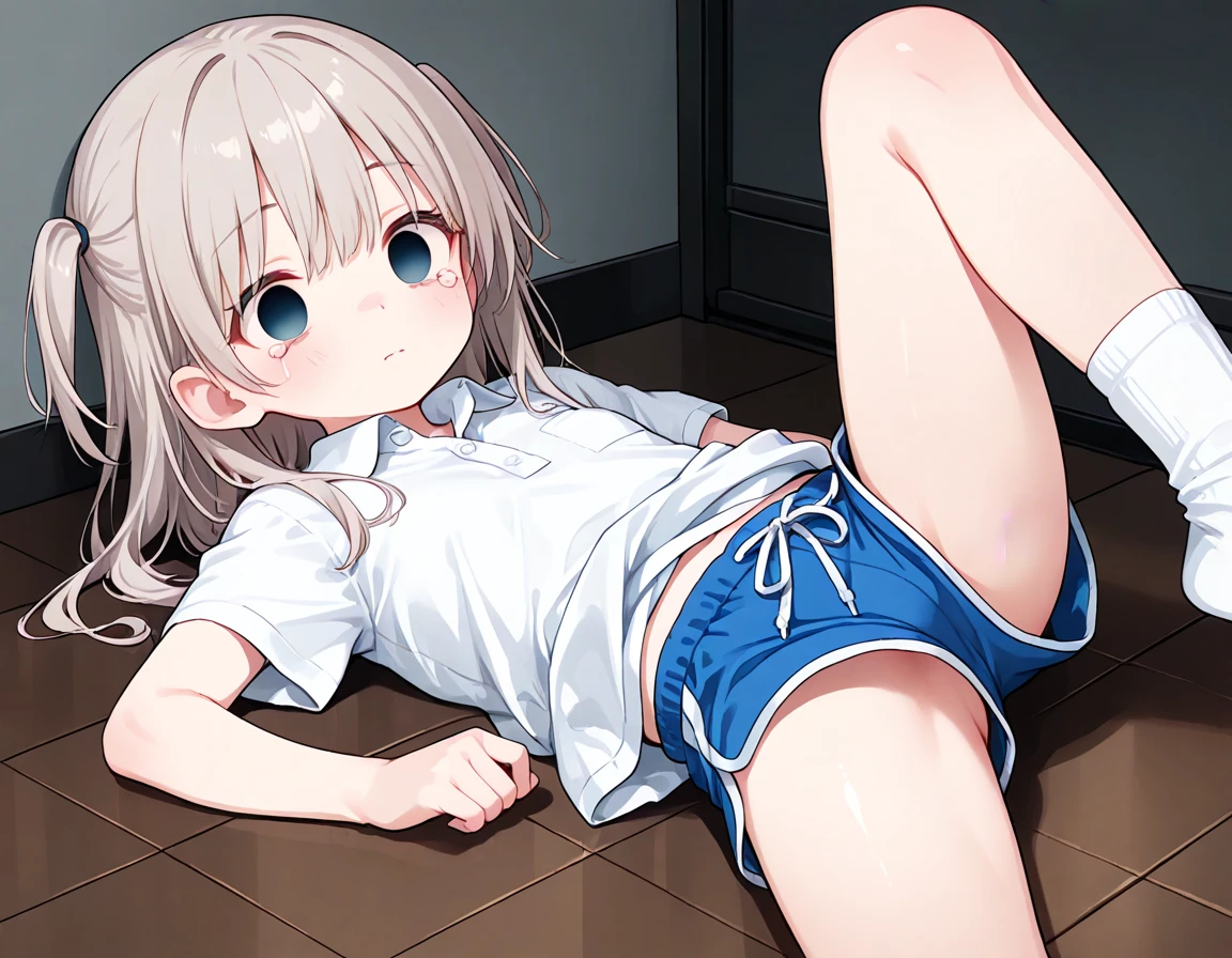 Nsfw, nude, naked, inside laundry mat, night, solo, ((detailed)), ((teen)), ((female)), messy white hair, sitting in folding chair, legs apart, casual, smug, brat, mischievous, flat chest, bare feet, pussy, butt