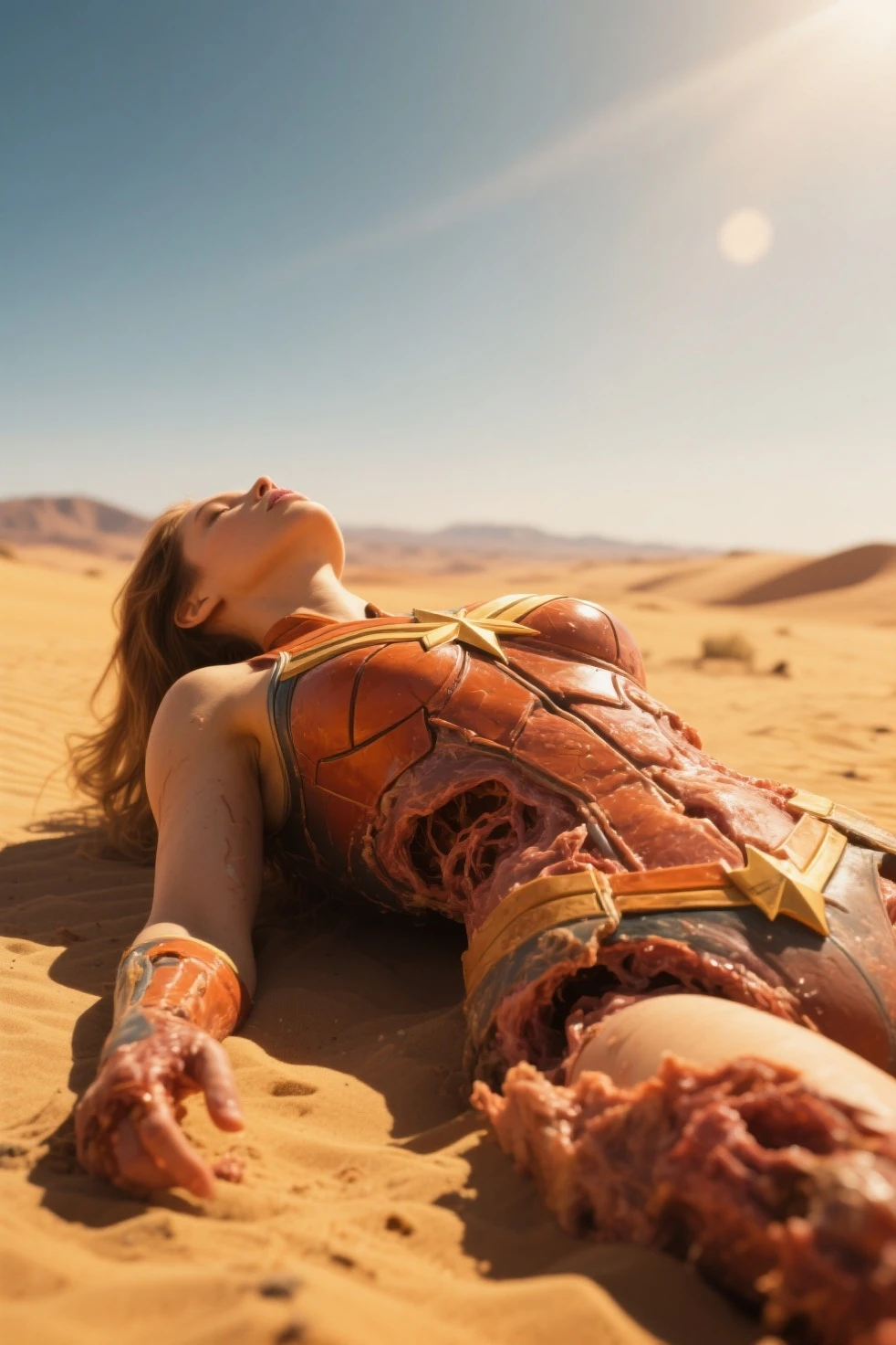wonderwoman, long long gorgeous shining blonde hair, ((A rough rope is wrapped around the body Tighten up)), latex, leotard, golden wonderwoman costume, captured, shibari, static restrained, ((arms behind back)), chained, rope bind, cruelly, painful, helpless, humiliating, regrettable, being whipped, screaming in pain, Sweating, screaming, eyes closed, choker, whipping tortured in hot dun, ((Desert under the scorching sun, the sun shines}), Bondage