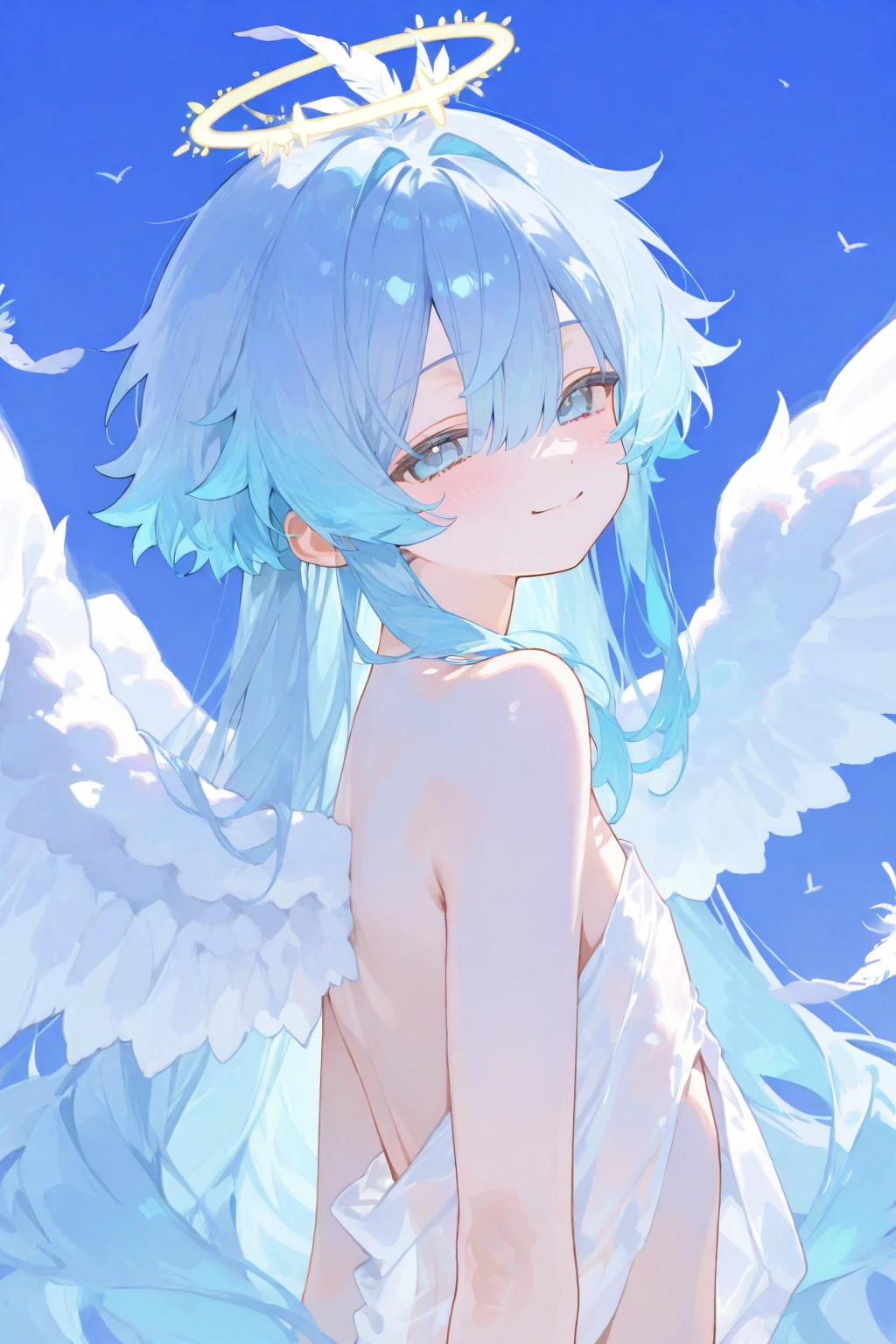 beautiful, masterpiece, Highest quality, anime, One girl, C Cup,Portrait Shot, View your viewers, Intricate details,>,((Covered、Short Hair、nearby、Blue Eyes、art、、White hair,Blue streaked hair、wallpaper、、hairpin、smile、Angel、Nipples、Thighs、Halo、Lying on your back、white_liquid、fish_tail
