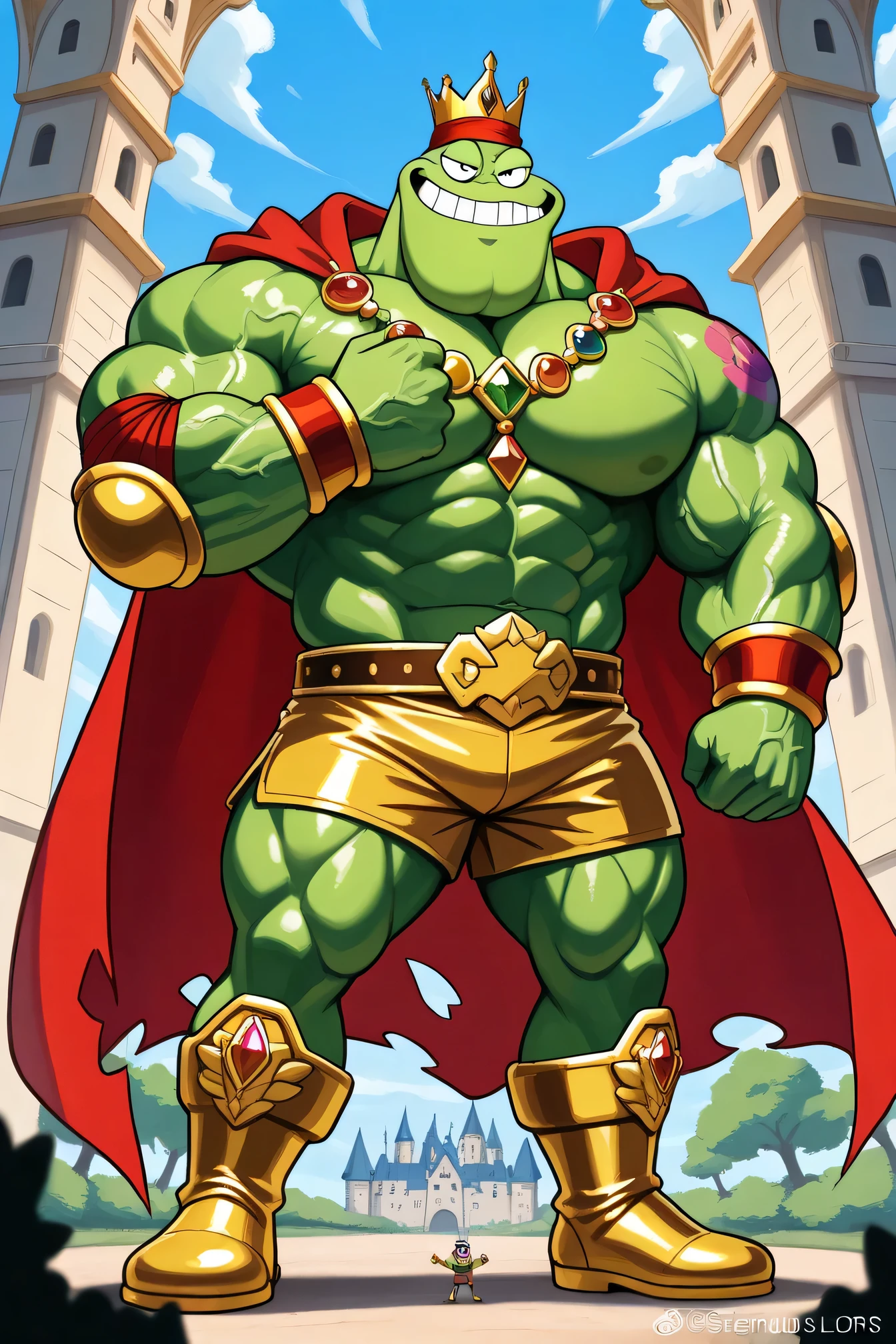 A green giant cartoon 2d frog king, gigantic chin, biggest muscular body, ginomous biceps enormous pectorals, detailed abs, golden armor with colorful jewels, golden bracelets with colorful jewels, golden necklaces with colorful jewels, golden chest with colorful jewels, golden wrestler champions belt, Red headband. Golden wrist tape. Golden elbow pads, Golden kneepads, ripped orange shorts, tattoos and scars, veins, bigger cartoon yellow frog eyes, green skin golden king crown with jewels, saturaded green skin, big frog feets, golden boots, wearing a ripped very long red cape, powerful smile expression, feral, smug, dark green eyebrows, sharp teeths, castle and village background, trees, blue sky and clouds background, full body, macro size, giant size, 50-foot size, 100 feet tall, powerful muscles, veins, tattoos, saturaded colors palette, fairytale fantasy scene, dynamic angle.