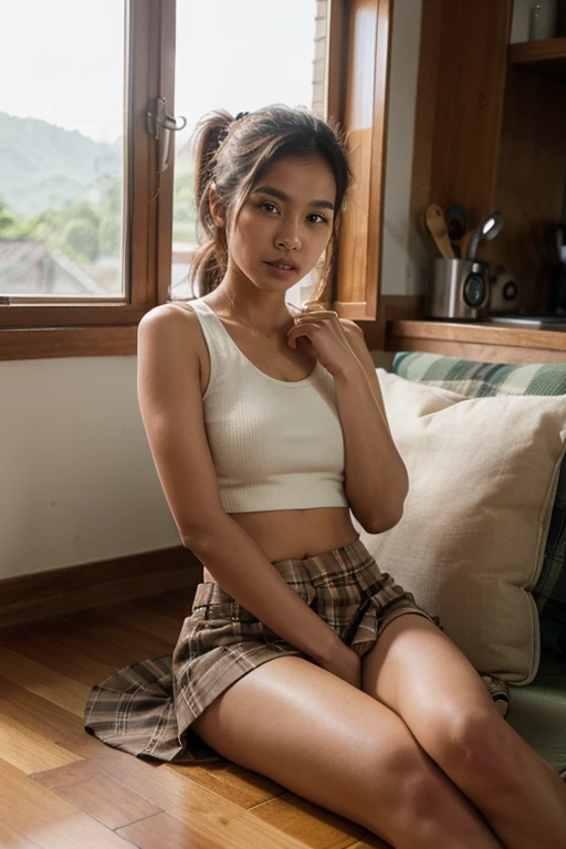 indigenous 12 years old, sitting on a sofa at home, smiling, wearing top and tight short legs open