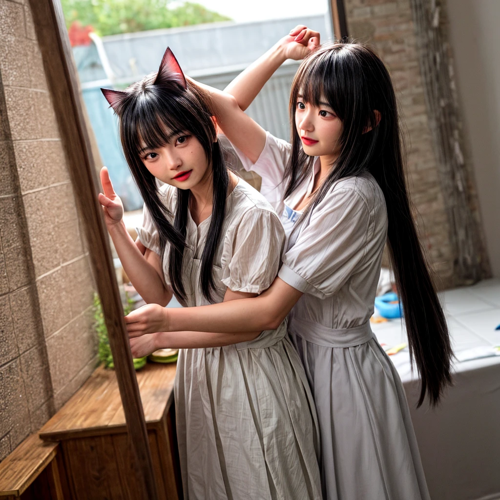 girl。Black straight long hair。Black cat ears。eyes are dark blue。The clothes are black。Eating rice 。Anime Style。