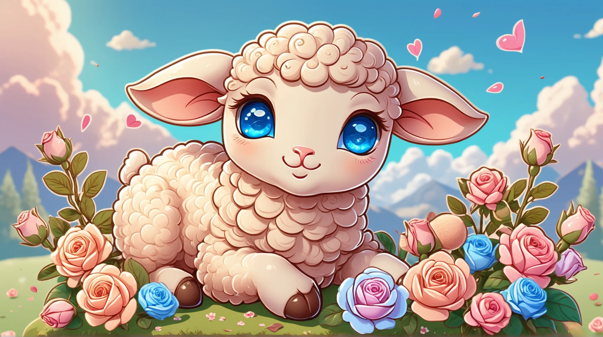 cute stickers, 8K Ultra HD, highly detailed, Detailed illustration of a cute lamb with blue eyes grazing, with lots of roses and macrons in the background, tea, style cartoon, two-dimensional, fantasy art, Background with light brown gradient, Adobe Illustrator, soft tetrad color, A digital illustration of anime style, soft anime tones, luminism, Feeling like Kyoto Animation, pixiv, luminism, 3d render, octane render, Isometric, by yukisakura, awesome full color,