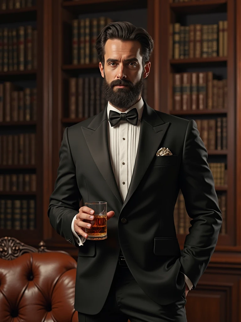 Dandyman、Malha de cabelo preto e branco、cabelos grisalhos、Homem na casa dos 40 anos、4KQualidade de imagem、Uma qualidade de imagem ultra-alta、Real como um humano real、veste um terno、Order whiskey on the shooting bar、Loja Dim、interior elegante、Counter Table、A shop full of whiskey bottles、Smooth expression