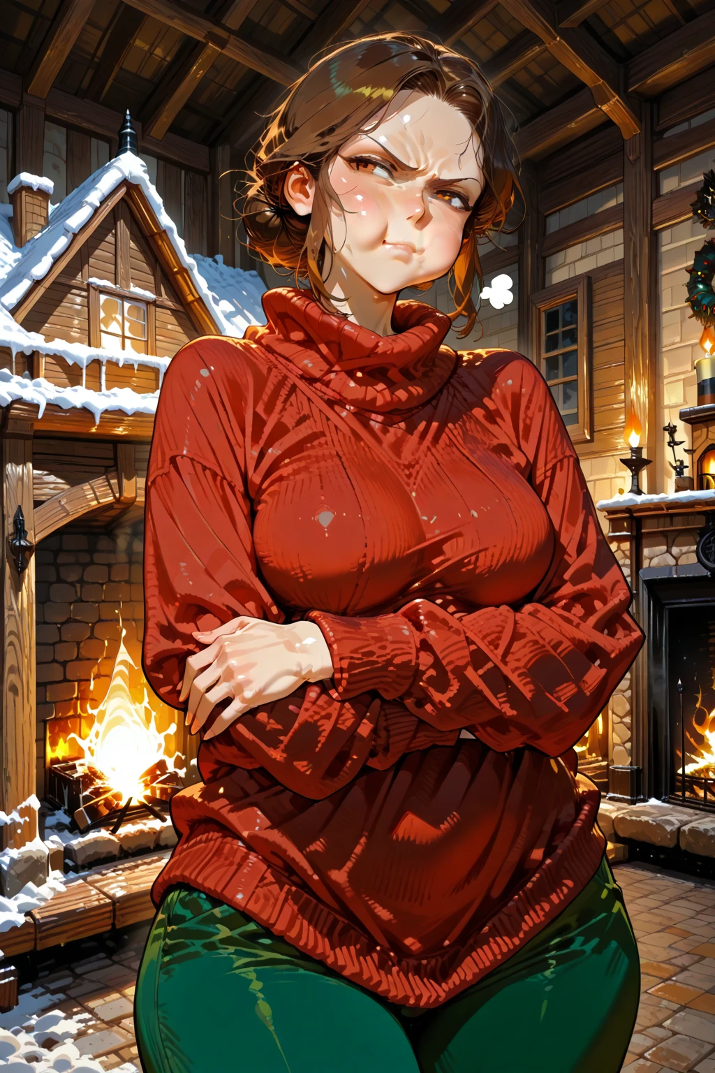 cartoon, (masterpiece:1.4), (best quality:1.4), (high resolution:1.4), anna, tight green dress, happy, blushing, <lora:annaFromFrozen_v10:1.0>, (((snowman))), snowing, outside, intricate background, detailed face, huge blue eyes, <lora:realbodiez_v10:1.4>