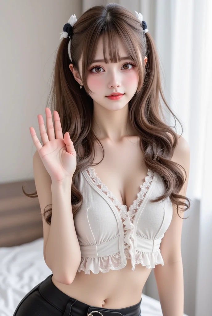 ((Maid clothes))、hair ornaments、whole body、Photo taken from below、one beautiful maid、break、(((bronze hair fringe hair)))、indoor
