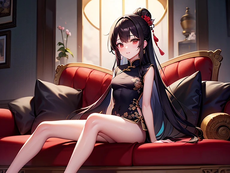 Black long straight hair woman with hairpin, big breasts, cleavage, cheongsam, floral shoes, seat in Chinese palace